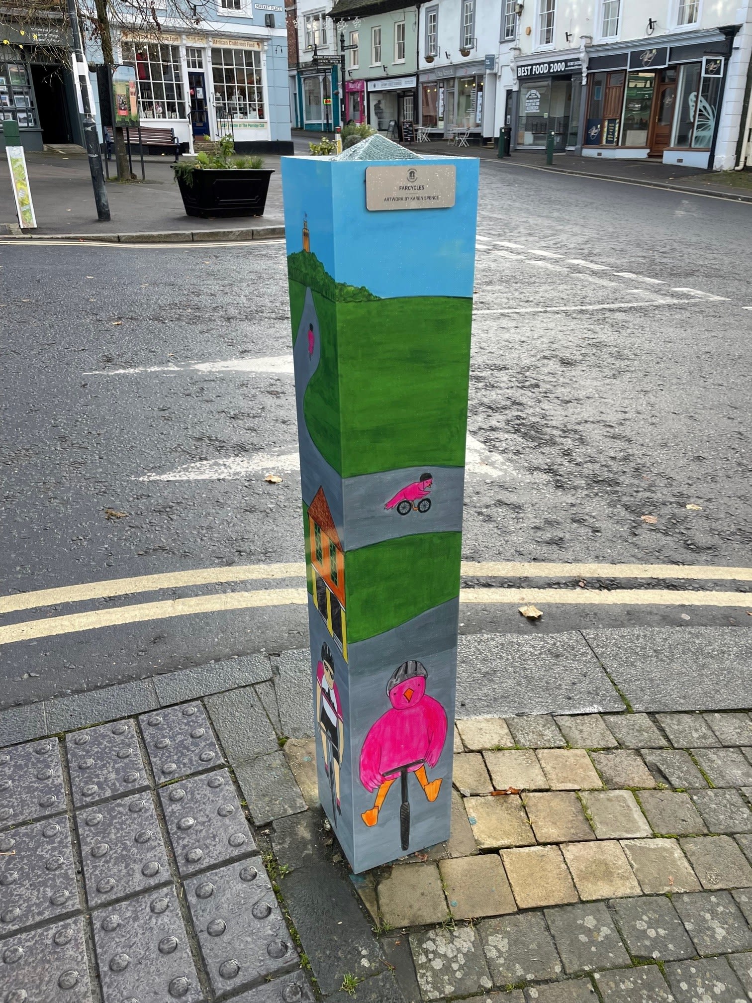 Far Cycles bollard artwork by Karen Spence